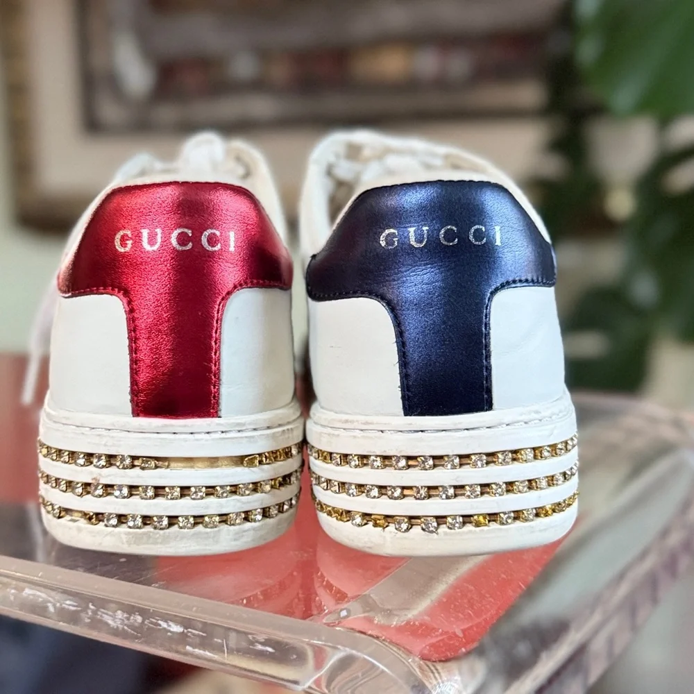 GUCCI Calfskin Crystal Web Bee Womens Ace Platform Sneakers 39 White - Picture 4 of 15